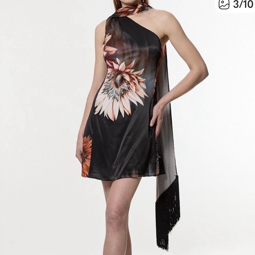 Karen Millen Black and Orange satin One Shoulder Sheath Dress